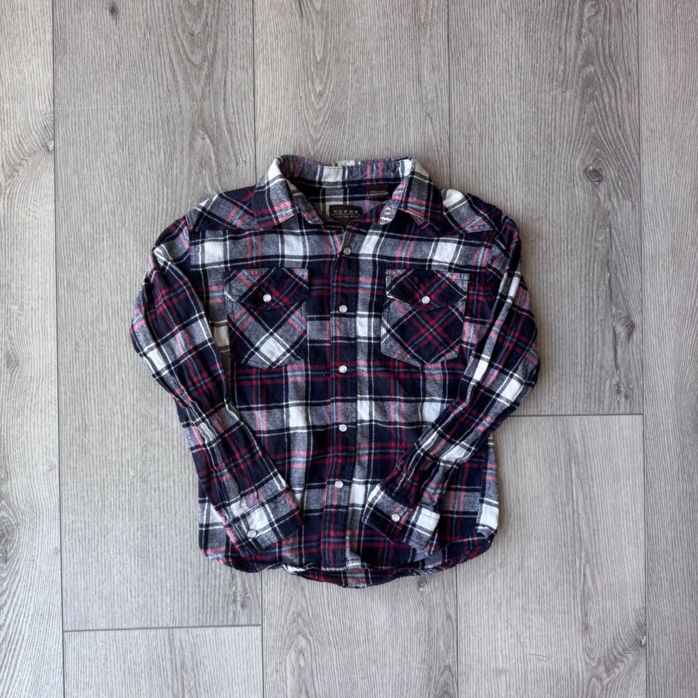 Roper Kids boys Navy Red Plaid Pearl Snap Western Flannel Shirt Size M 8-10